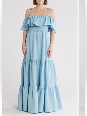 Alice + Olivia Kia Off The Shoulder Tiered Maxi Dress In Mineral Blue